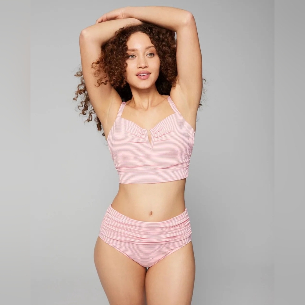 Soma Swim Seersucker V-Wire Cropped Bikini Top & High-Waist Bottoms Set